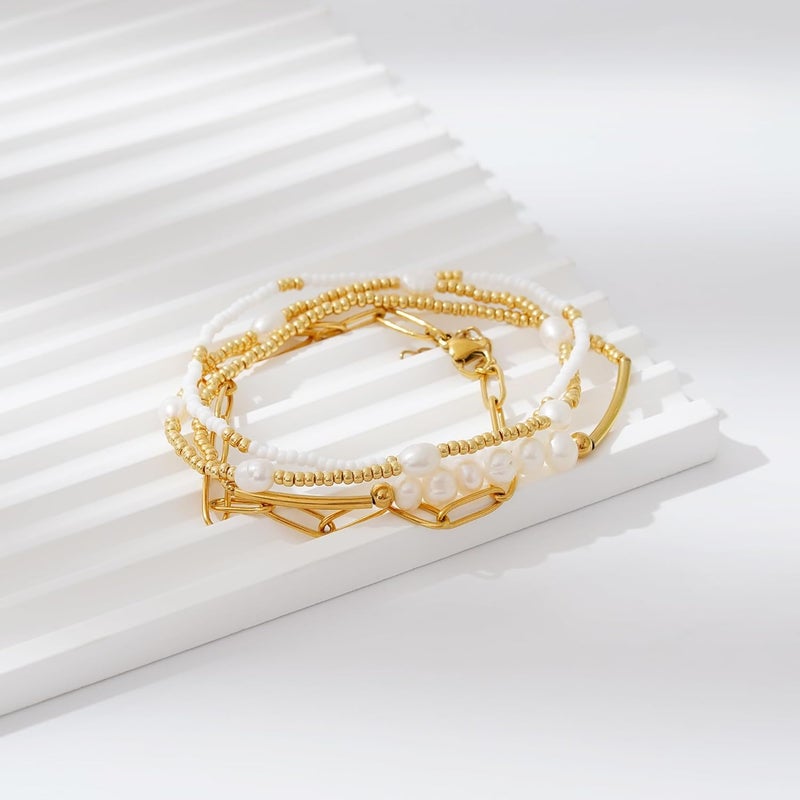 Pymach Store Dainty Gold Plated Pearl Crystal Beaded Bracelets Set for Women 14K Gold Plated Bead Pearl Beads Bracelet Stackable Paperclip Link Chain Bracelets Gold Plated Bracelets for Women Trendy Jewelry - Image 2